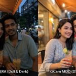 A high-resolution, split-screen photo showing a direct comparison of camera quality. On the left, a dull and dark stock Android camera photo; on the right, a vibrant and sharp portrait-quality photograph taken with the LMC 8.4 (GCam Mod) app on the same device.