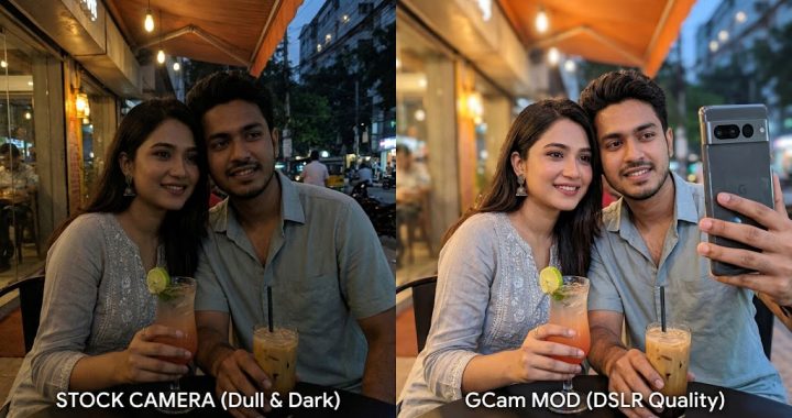 A high-resolution, split-screen photo showing a direct comparison of camera quality. On the left, a dull and dark stock Android camera photo; on the right, a vibrant and sharp portrait-quality photograph taken with the LMC 8.4 (GCam Mod) app on the same device.