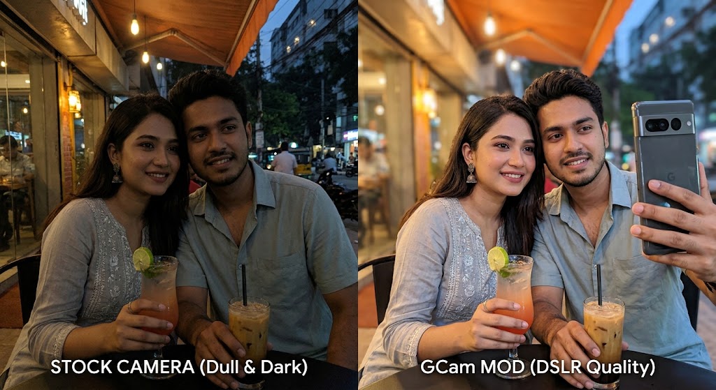 A high-resolution, split-screen photo showing a direct comparison of camera quality. On the left, a dull and dark stock Android camera photo; on the right, a vibrant and sharp portrait-quality photograph taken with the LMC 8.4 (GCam Mod) app on the same device.