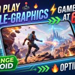 A high-energy infographic banner showing a modern mid-range Android smartphone displaying AAA console-quality graphics with dynamic lighting effects. Bold text overlays say 'HOW TO PLAY CONSOLE-GRAPHICS GAMES AT 60 FPS' with flame and controller emojis, surrounding energy flows, and a smooth performance icon. The miuibd.com logo is visible in the corner.