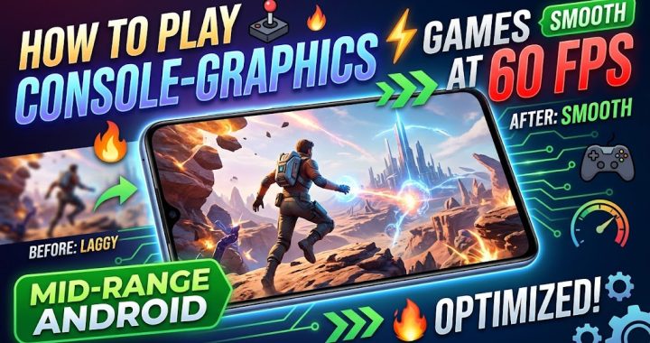 A high-energy infographic banner showing a modern mid-range Android smartphone displaying AAA console-quality graphics with dynamic lighting effects. Bold text overlays say 'HOW TO PLAY CONSOLE-GRAPHICS GAMES AT 60 FPS' with flame and controller emojis, surrounding energy flows, and a smooth performance icon. The miuibd.com logo is visible in the corner.