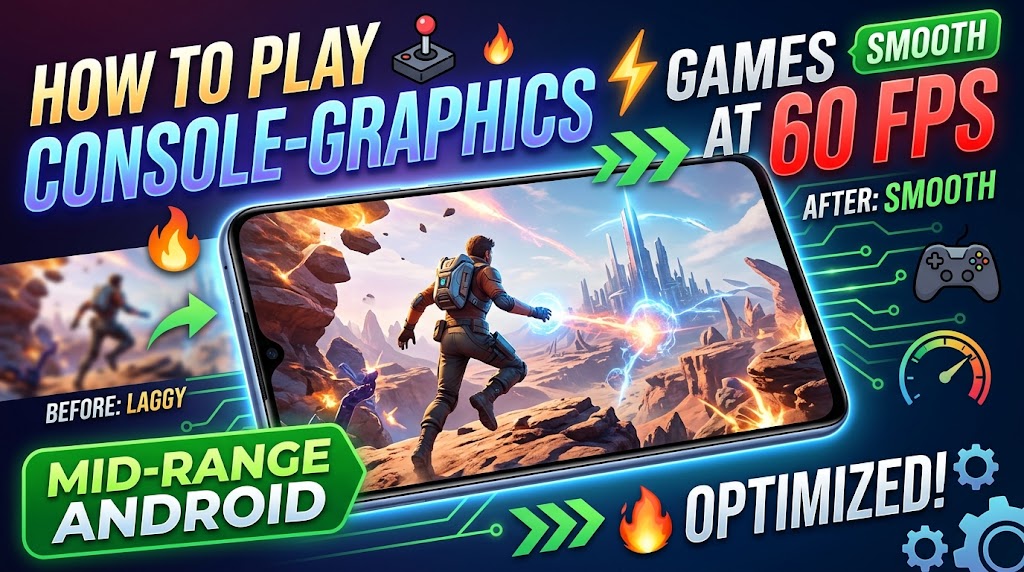 A high-energy infographic banner showing a modern mid-range Android smartphone displaying AAA console-quality graphics with dynamic lighting effects. Bold text overlays say 'HOW TO PLAY CONSOLE-GRAPHICS GAMES AT 60 FPS' with flame and controller emojis, surrounding energy flows, and a smooth performance icon. The miuibd.com logo is visible in the corner.