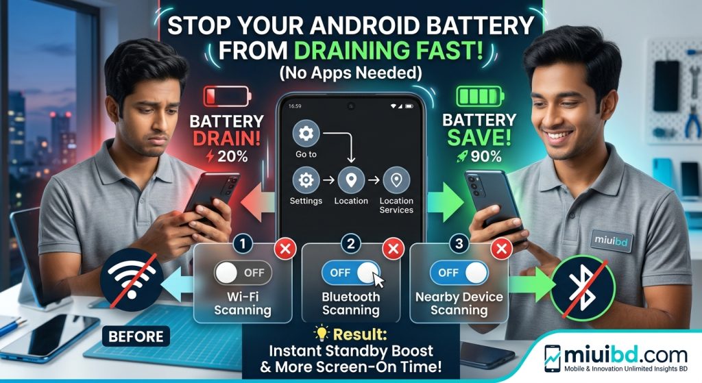 An infographic guide showing how to fix fast battery drain on Android smartphones by disabling hidden Wi-Fi scanning, Bluetooth scanning, and nearby device scanning on miuibd.com