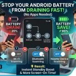 An infographic guide showing how to fix fast battery drain on Android smartphones by disabling hidden Wi-Fi scanning, Bluetooth scanning, and nearby device scanning on miuibd.com