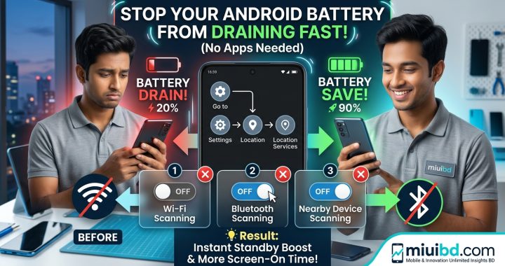 An infographic guide showing how to fix fast battery drain on Android smartphones by disabling hidden Wi-Fi scanning, Bluetooth scanning, and nearby device scanning on miuibd.com