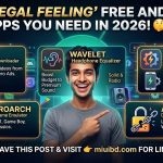 An infographic showcasing 5 essential free Android apps: Seal, Wavelet, MacroDroid, RetroArch, and AppBlock with feature descriptions and a call to visit miuibd.com for download links.