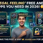 An infographic showcasing 5 essential free Android apps: Seal, Wavelet, MacroDroid, RetroArch, and AppBlock with feature descriptions and a call to visit miuibd.com for download links.
