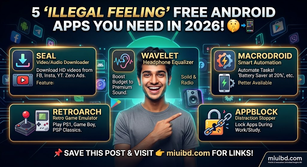 An infographic showcasing 5 essential free Android apps: Seal, Wavelet, MacroDroid, RetroArch, and AppBlock with feature descriptions and a call to visit miuibd.com for download links.