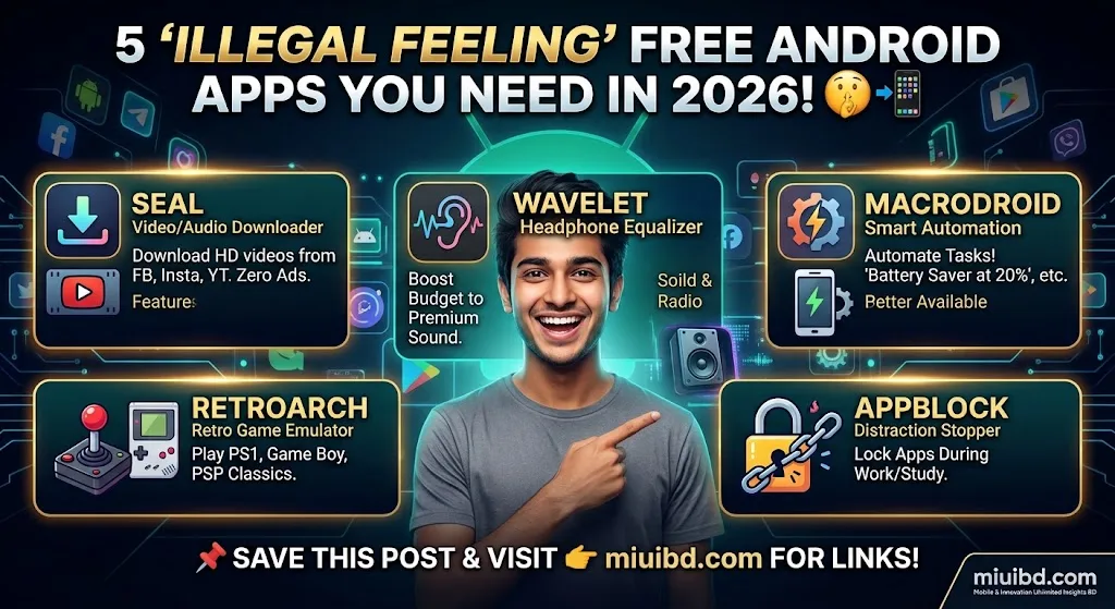An infographic showcasing 5 essential free Android apps: Seal, Wavelet, MacroDroid, RetroArch, and AppBlock with feature descriptions and a call to visit miuibd.com for download links.