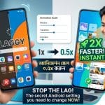 A split-screen visual comparison of a slow, laggy smartphone on the left versus a fast, optimized smartphone on the right, showing how to change Android animation scales from 1x to 0.5x on miuibd.com