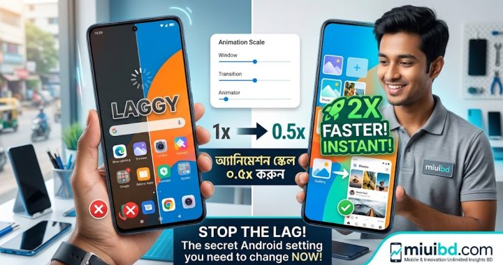A split-screen visual comparison of a slow, laggy smartphone on the left versus a fast, optimized smartphone on the right, showing how to change Android animation scales from 1x to 0.5x on miuibd.com