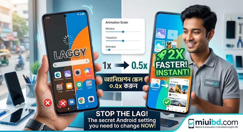A split-screen visual comparison of a slow, laggy smartphone on the left versus a fast, optimized smartphone on the right, showing how to change Android animation scales from 1x to 0.5x on miuibd.com