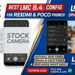 Side by side comparison showing stock camera versus LMC 8.4 GCam with iPhone tone XML config on a Redmi smartphone