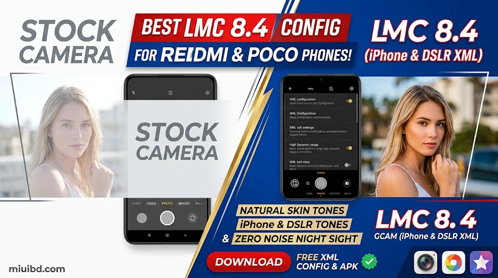 Side by side comparison showing stock camera versus LMC 8.4 GCam with iPhone tone XML config on a Redmi smartphone