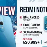 Xiaomi Redmi Note 13 4G review banner displaying 120Hz AMOLED, 108MP GCam camera, and official pricing under 21000 BDT in Bangladesh