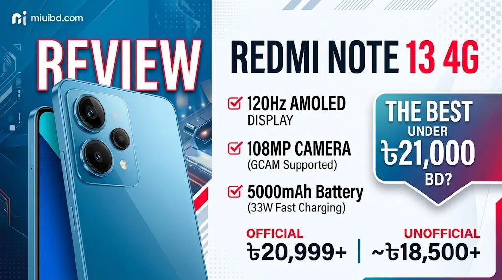 Xiaomi Redmi Note 13 4G review banner displaying 120Hz AMOLED, 108MP GCam camera, and official pricing under 21000 BDT in Bangladesh