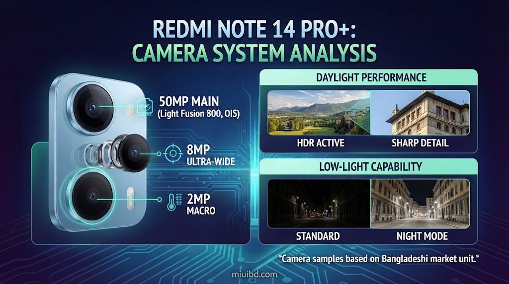 An infographic detailing the Redmi Note 14 Pro+ camera system, showing a 50MP main sensor with OIS, an 8MP ultra-wide, and a 2MP macro. It includes visual comparisons for daylight HDR and low-light night mode performance.