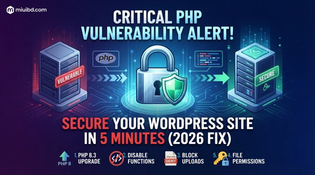 Digital illustration of a security padlock with a green shield, flanked by vulnerable and secure server icons, illustrating a PHP vulnerability fix for WordPress.