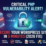 Digital illustration of a security padlock with a green shield, flanked by vulnerable and secure server icons, illustrating a PHP vulnerability fix for WordPress.
