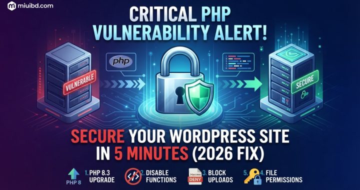 Digital illustration of a security padlock with a green shield, flanked by vulnerable and secure server icons, illustrating a PHP vulnerability fix for WordPress.