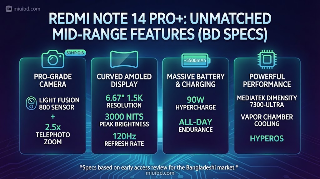 An infographic detailing the four main pillars of the Redmi Note 14 Pro+: Pro-Grade Camera (50MP OIS), Curved AMOLED Display (1.5K, 3000 nits), Massive Battery (5500mAh, 90W Charging), and Powerful Performance (Dimensity 7300-Ultra).