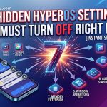 Infographic featuring a smartphone showing 7 hidden HyperOS and MIUI settings to turn off, including system ads, diagnostics, and virtual RAM for speed boost