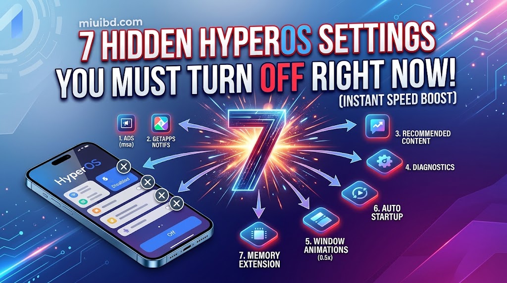Infographic featuring a smartphone showing 7 hidden HyperOS and MIUI settings to turn off, including system ads, diagnostics, and virtual RAM for speed boost