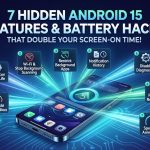 Infographic illustration of a Xiaomi smartphone surrounded by seven glowing icons representing hidden Android 15 battery and performance hacks.