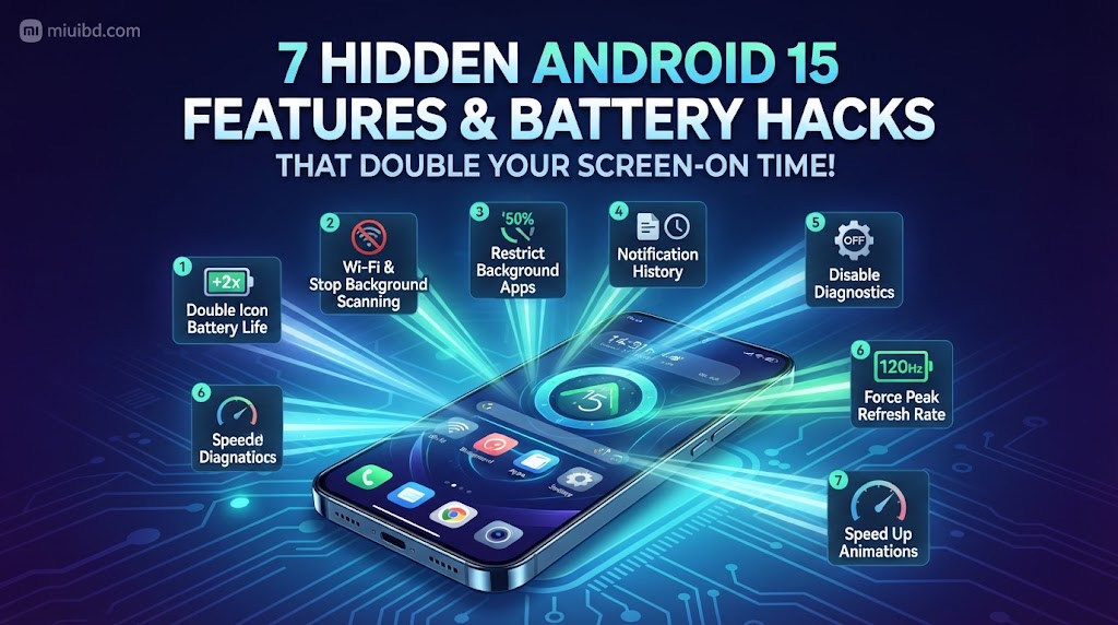 Infographic illustration of a Xiaomi smartphone surrounded by seven glowing icons representing hidden Android 15 battery and performance hacks.