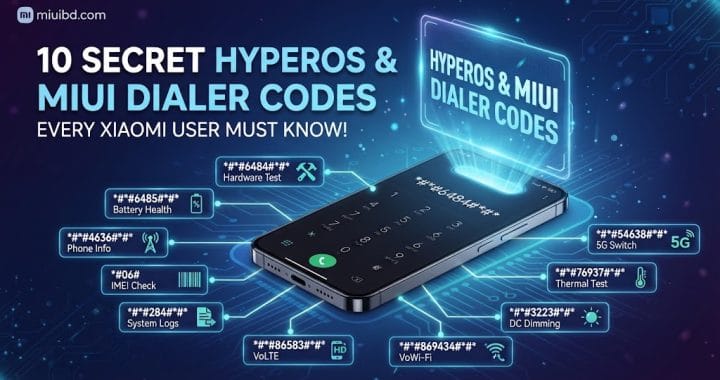 Infographic featuring a Xiaomi smartphone displaying hidden dialer codes for hardware testing and battery health on HyperOS and MIUI